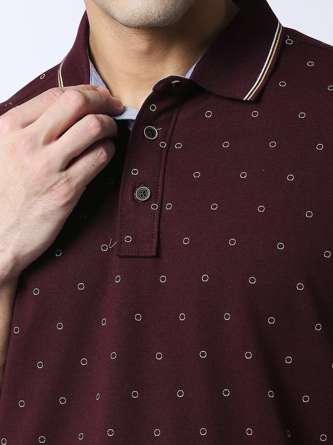 Wine Cotton Lycra Printed Polo T-shirt