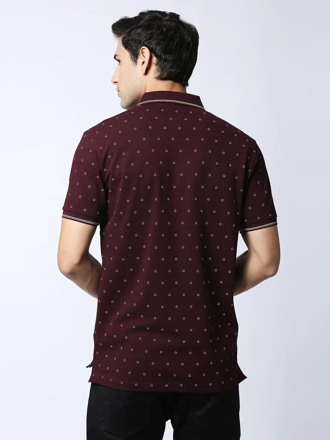 Wine Cotton Lycra Printed Polo T-shirt