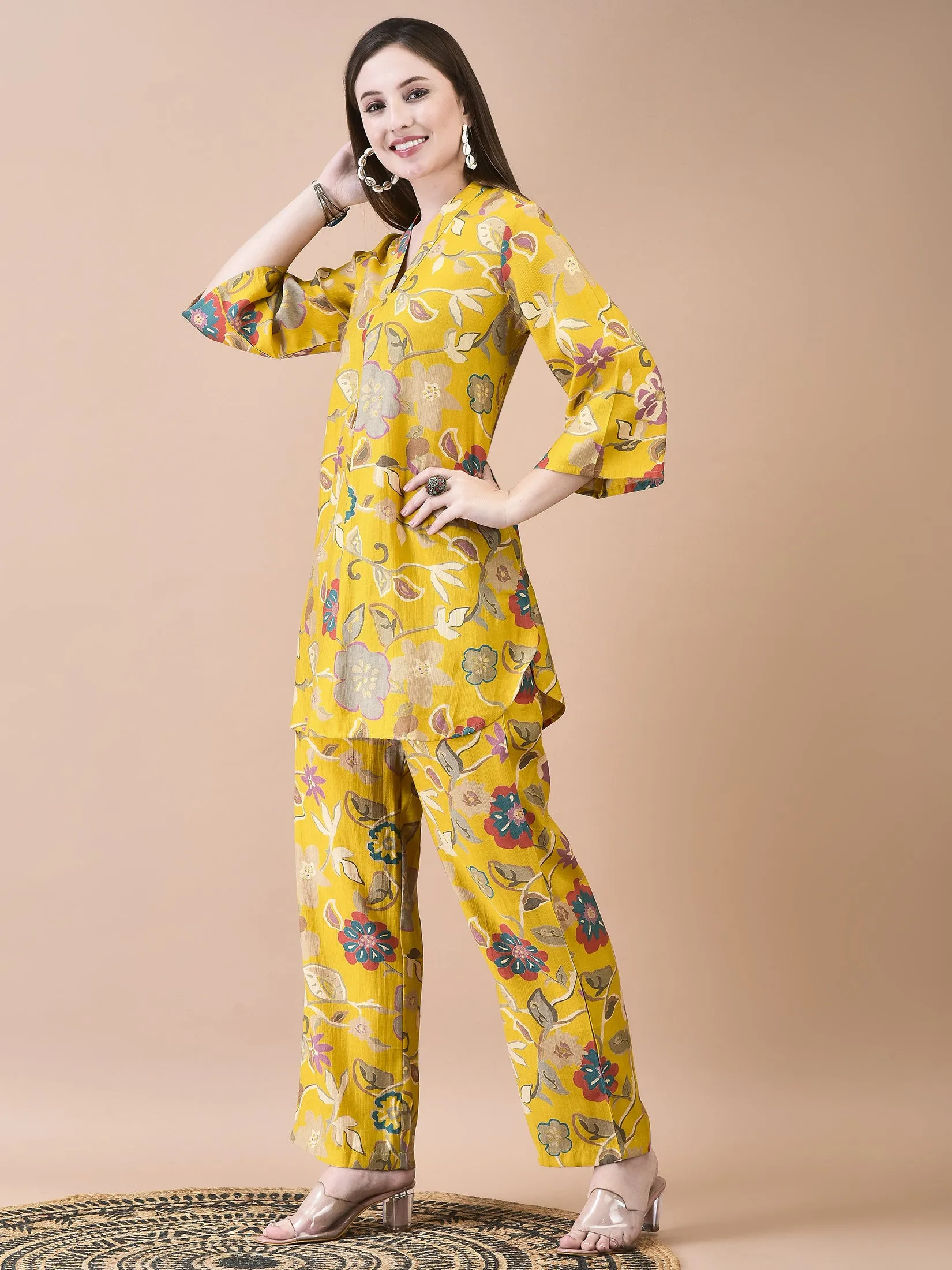 Women Liva Yellow Floral Print Co-Ord Set