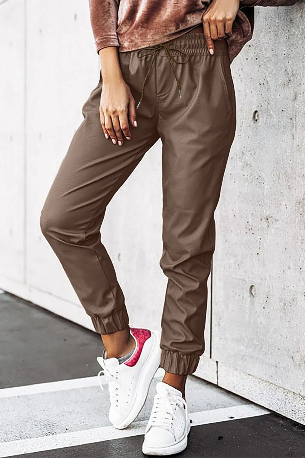 Womens Faux Leather Joggers with Drawstring Waist in Brown