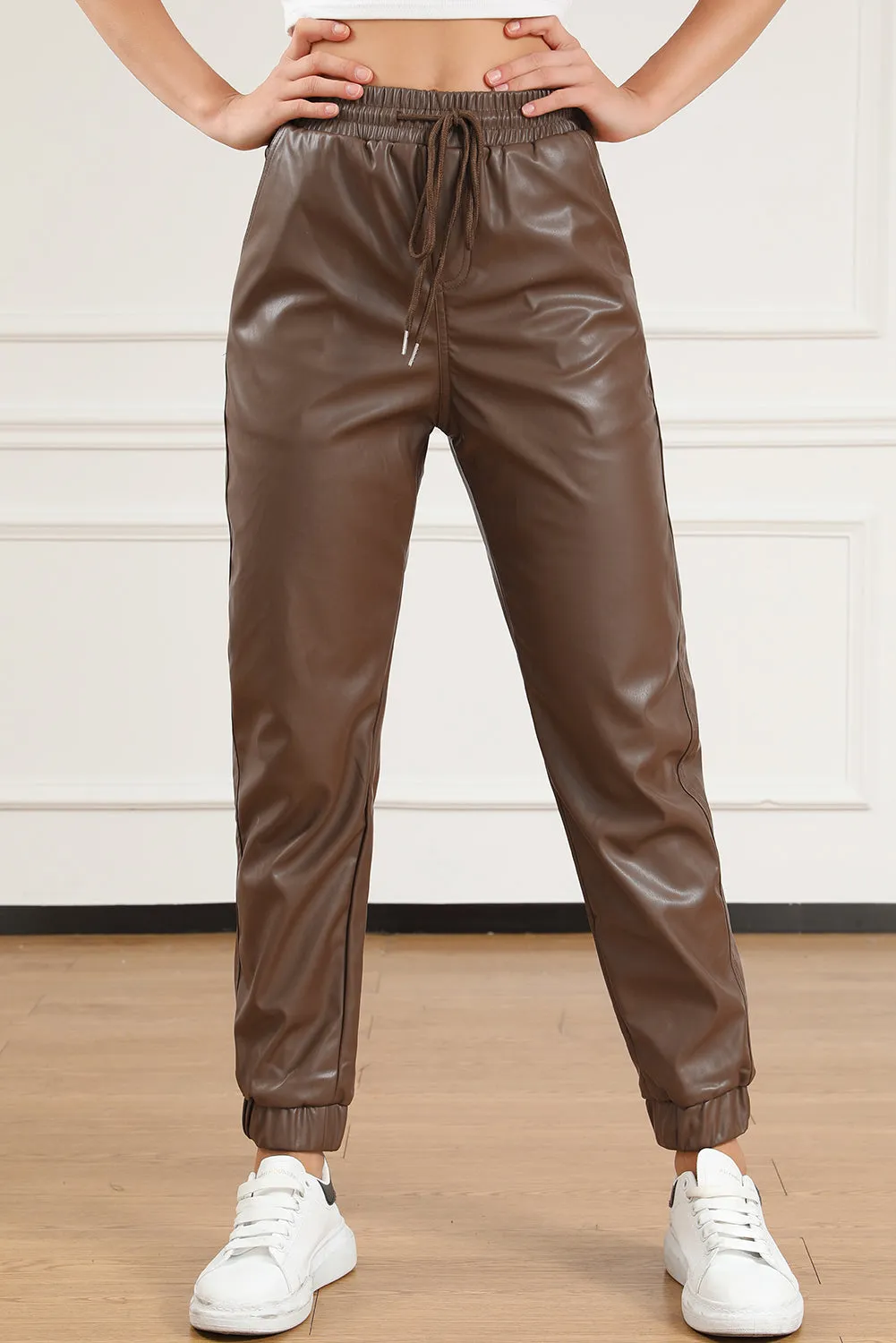 Womens Faux Leather Joggers with Drawstring Waist in Brown