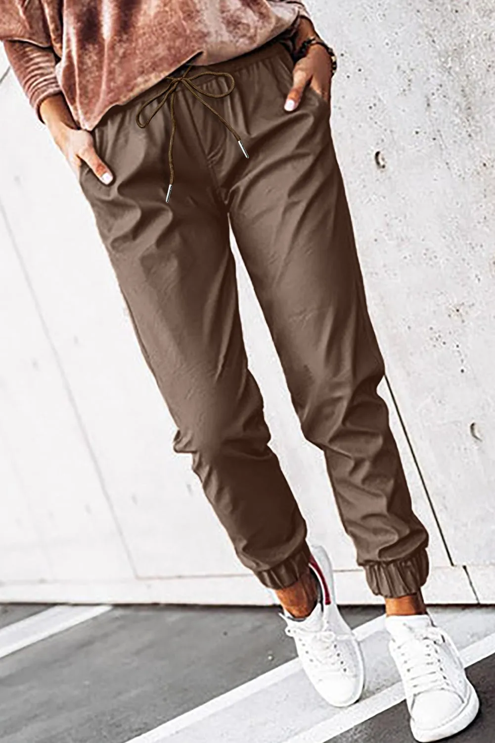 Womens Faux Leather Joggers with Drawstring Waist in Brown